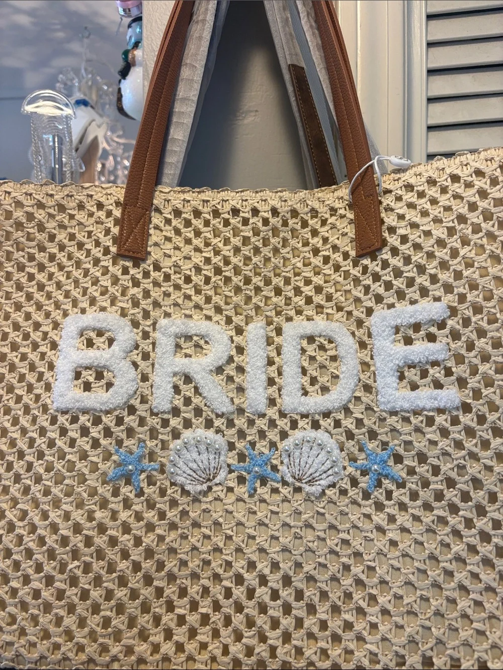 Beach Bride Straw Tote Bag with Shell Embroidery - Cream & Brown